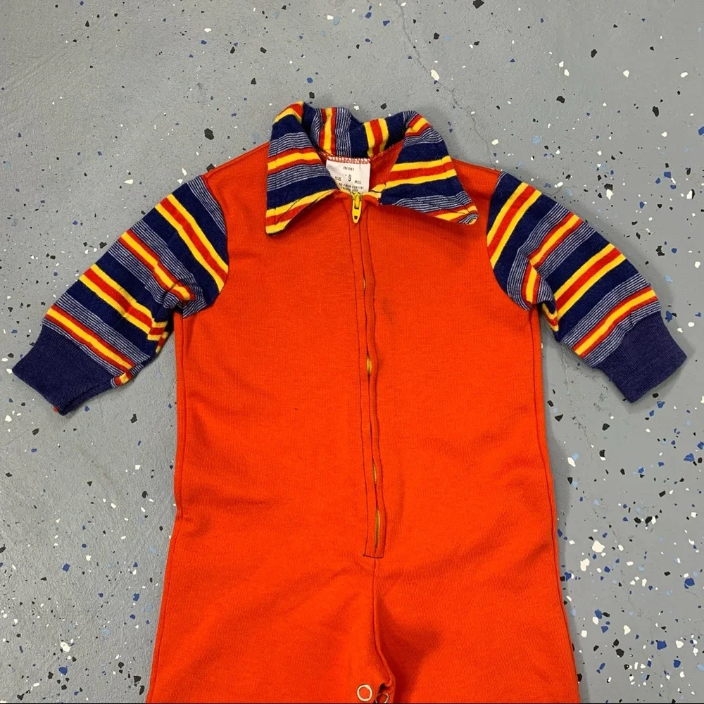 Vintage 60s Red Blue Yellow Stripe Zip Up Boiler Suit Coveralls Jumpsuit 6-9 MOS